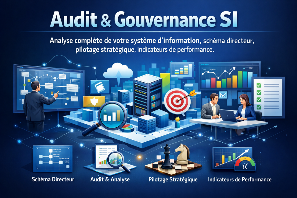 Analyse complète de votre système d’information, schéma directeur, pilotage stratégique, indicateurs de performance.