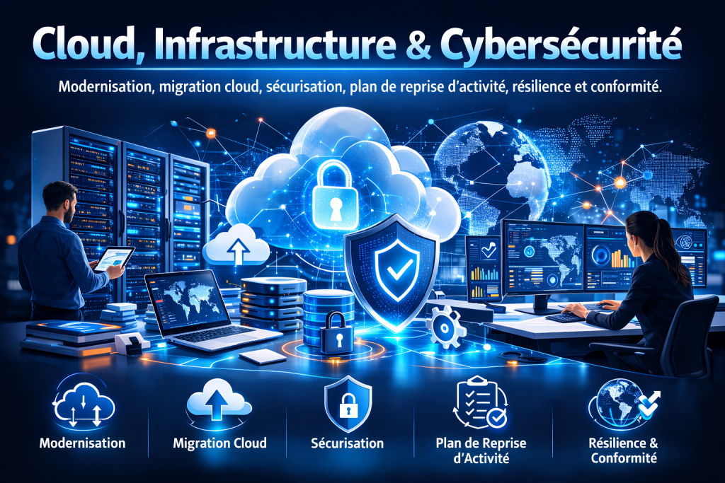 Modernisation, migration cloud, sécurisation, plan de reprise d’activité, résilience et conformité.