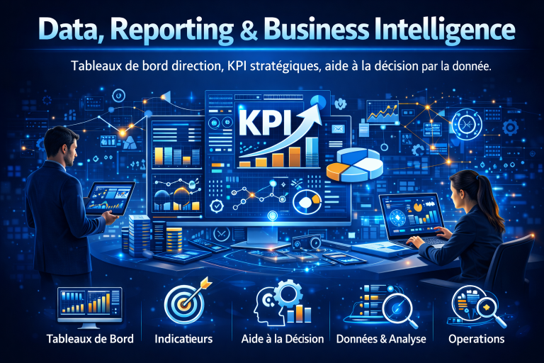 Tableaux de bord direction, KPI stratégiques, aide à la décision par la donnée.