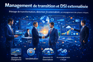 Pilotage de transformation, direction IT externalisée, accompagnement des phases critiques.