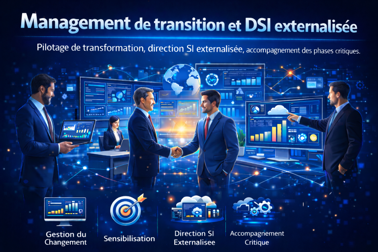 Pilotage de transformation, direction IT externalisée, accompagnement des phases critiques.