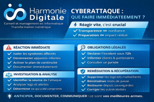 ⚡ Réagir vite, c’est crucial Chaque minute compte pour limiter les dégâts. ✔ Transparence = confiance ✔ Préparation = impact réduit 🔴 RÉACTION IMMÉDIATE Isoler les systèmes affectés pour stopper la propagation Déconnecter immédiatement les appareils infectés (réseau, Wi-Fi, accès distant) Activer le plan de continuité pour maintenir les activités critiques Documenter dès le départ : → logs, heure de détection, systèmes touchés, anomalies observées 🔍 INVESTIGATION & ANALYSE Identifier la source et l’étendue de l’attaque Analyser logs, alertes et comportements réseau Déterminer les données ou systèmes compromis Faire appel à des experts en cybersécurité Préserver les preuves (ne pas modifier les systèmes) ⚖️ OBLIGATIONS LÉGALES Déclarer l’incident aux autorités (ex : CNIL) sous 72h si données personnelles impactées Informer clients et partenaires avec transparence Consulter un conseiller juridique 🛠️ REMÉDIATION & RÉCUPÉRATION Supprimer les logiciels malveillants Fermer les accès non autorisés Réinitialiser les mots de passe compromis Restaurer depuis des sauvegardes saines Corriger les vulnérabilités et renforcer la sécurité Tester avant remise en production 🔁 SUIVI POST-INCIDENT Analyser les causes et failles Mettre à jour les procédures et plans de sécurité Former les équipes Surveiller activement toute activité suspecte
