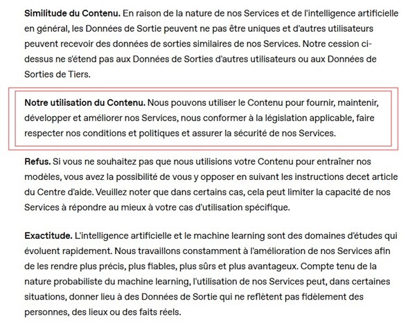 extrait des conditions générales d'utilisation d'OpenAi